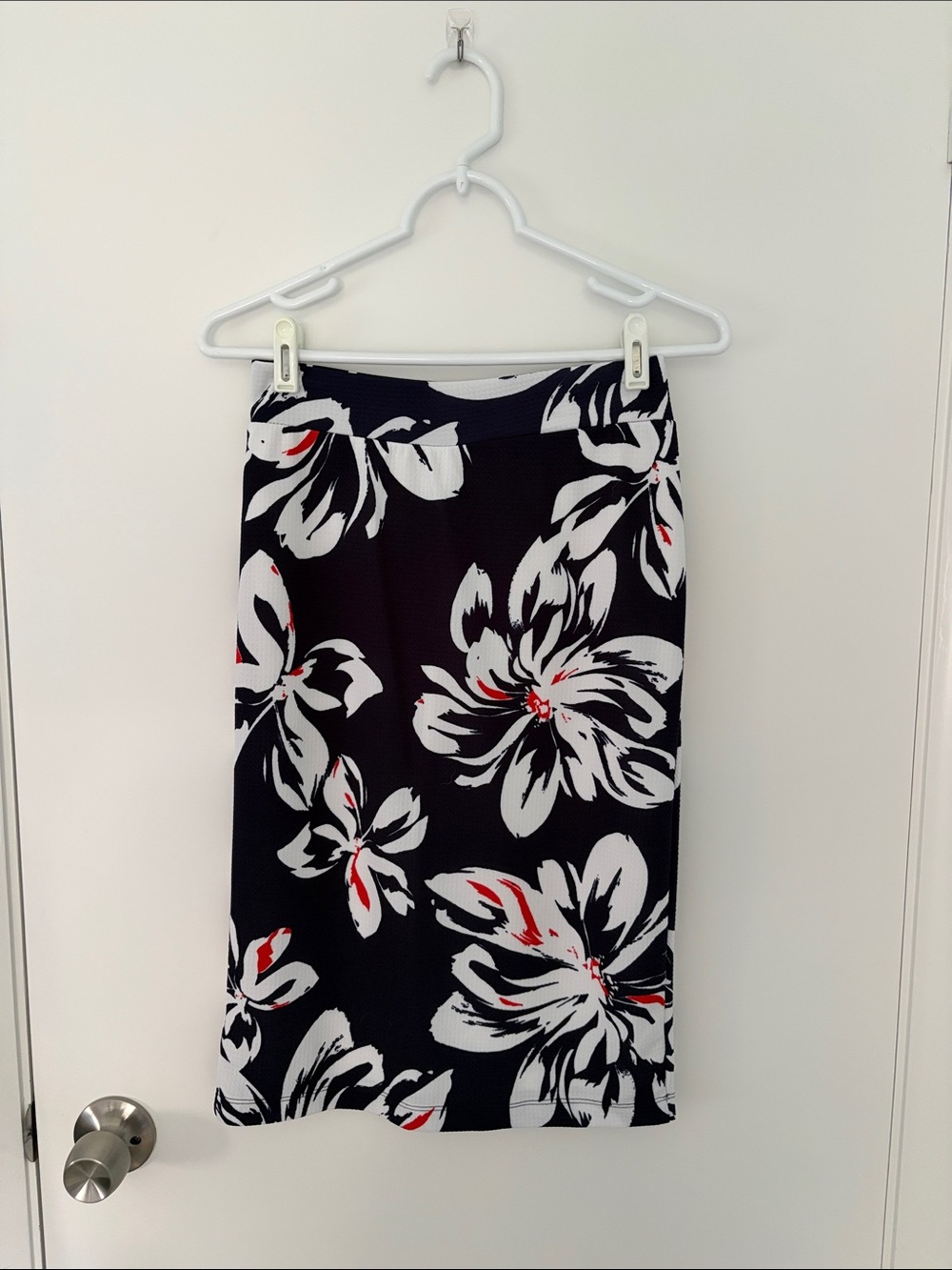 Navy Floral Pencil Skirt with White and Red Bloom Accents
